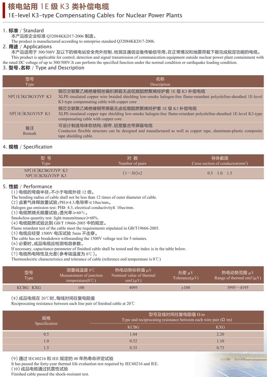 核电站用1E级K3类补偿电缆 核电站用1E级K3类补偿电缆